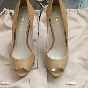 Prada Women's Beige Patent Peep-Toe Heels